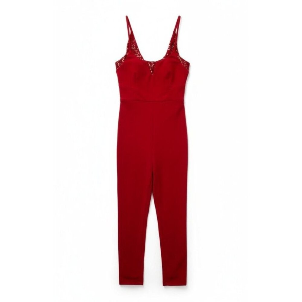Red Lace Detail V-Neck Jumpsuit - Size M